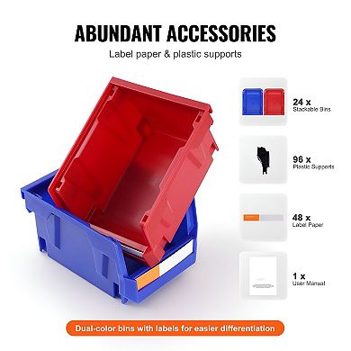 24-Piece Stackable Plastic Storage Bins Set for Office Craft Garage or Toys with Labels Blue and Red
