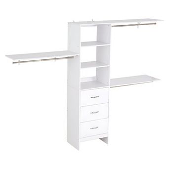 Adjustable Wood Closet Storage Organizer with Hanging Rod and Drawers - White