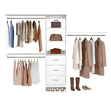 Adjustable Wood Closet Storage Organizer with Hanging Rod and Drawers - White