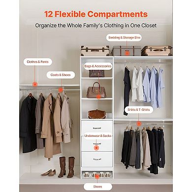 Adjustable Wood Closet Storage Organizer with Hanging Rod and Drawers - White