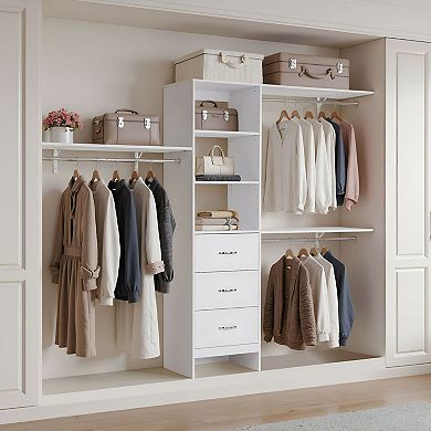 Adjustable Wood Closet Storage Organizer with Hanging Rod and Drawers - White