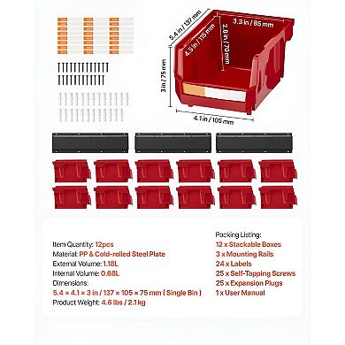 12-Piece Wall-Mounted Storage Bins Set with Labels for Small Parts, Crafts, and Office Supplies