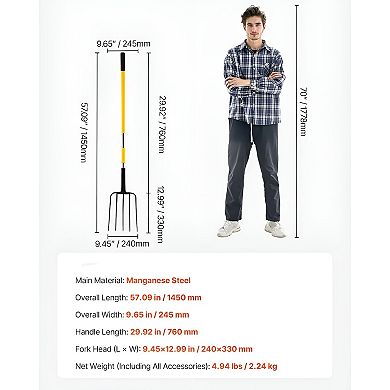 Garden Spading Fork with Fiberglass Handle for Compost, Mulch, and Yard Work - Black