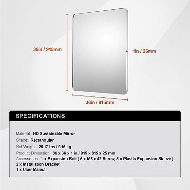 36 x 36-inch Wall Mirror Square Design with Silver Frame for Bathroom or Hallway