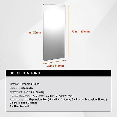 72 x 32 Inch Full Length Rectangular Wall Mirror with Silver Aluminum Frame for Bedroom or Hallway