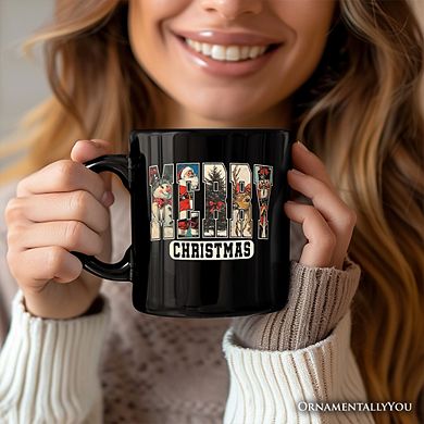 Merry Christmas Vintage Mug, Santa Tree Reindeer Snowman Nutcracker Gift