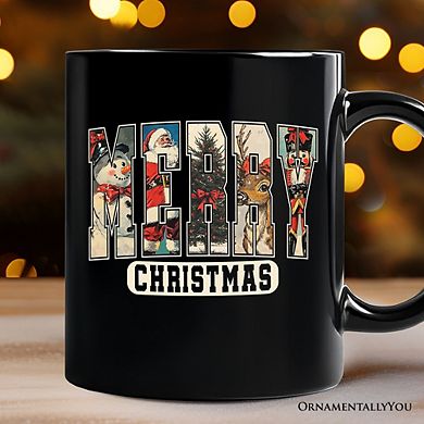 Merry Christmas Vintage Mug, Santa Tree Reindeer Snowman Nutcracker Gift