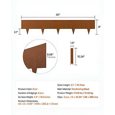 Weathering Steel Garden Edging Rust Finish 6 Panels with Spikes and Clips for Yard Borders