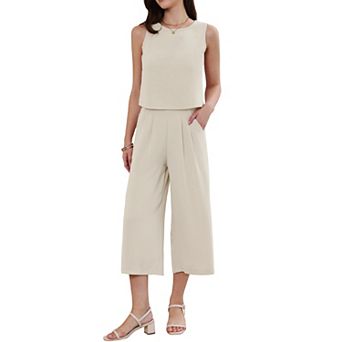 Women's Pants Suits Summer 2 pc Outfits Sleeveless Crop Top Elastic Waist Wide Leg Pants Sets