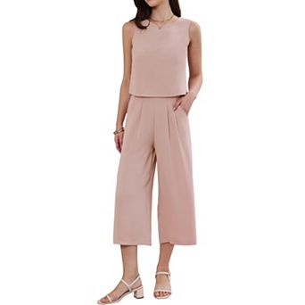 Women's Pants Suits Summer 2 pc Outfits Sleeveless Crop Top Elastic Waist Wide Leg Pants Sets