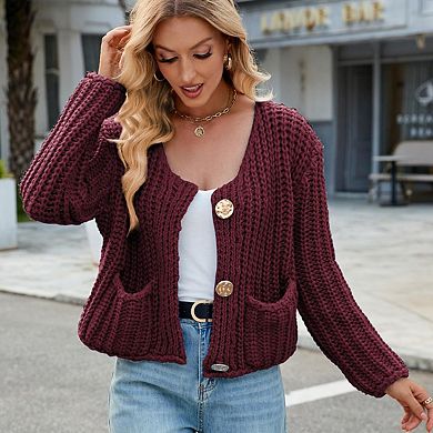 Women's Solid Color Thick Needle Sweater Jacket, Loose, Soft and Lazy Style Cardigan