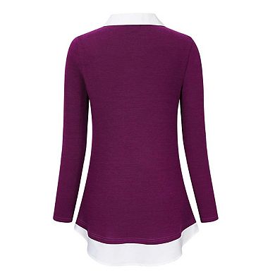 Women's Long Sleeve V-Neck Shirts Contrast Collared Patchwork Work Blouse Tunics Tops