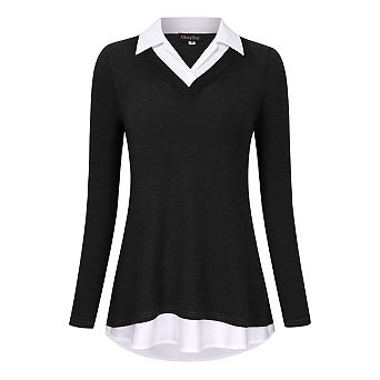 Women's Long Sleeve V-Neck Shirts Contrast Collared Patchwork Work Blouse Tunics Tops