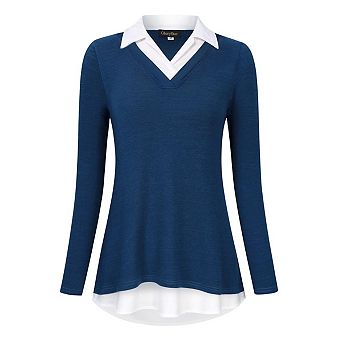 Women's Long Sleeve V-Neck Shirts Contrast Collared Patchwork Work Blouse Tunics Tops