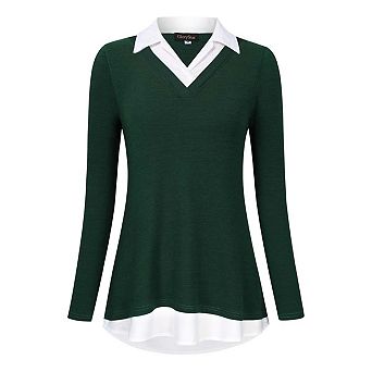 Women's Long Sleeve V-Neck Shirts Contrast Collared Patchwork Work Blouse Tunics Tops