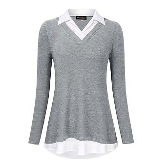 Women's Long Sleeve V-Neck Shirts Contrast Collared Patchwork Work Blouse Tunics Tops