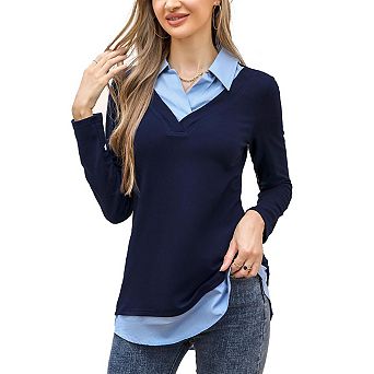 Women's Long Sleeve V-Neck Shirts Contrast Collared Patchwork Work Blouse Tunics Tops
