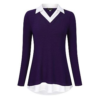 Women's Long Sleeve V-Neck Shirts Contrast Collared Patchwork Work Blouse Tunics Tops