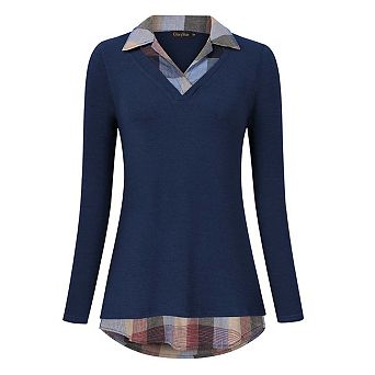 Women's Long Sleeve V-Neck Shirts Contrast Collared Patchwork Work Blouse Plaid Tunics Tops