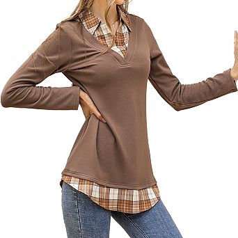 Women's Long Sleeve V-Neck Shirts Contrast Collared Patchwork Work Blouse Plaid Tunics Tops