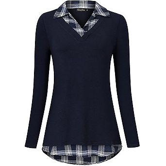 Women's Long Sleeve V-Neck Shirts Contrast Collared Patchwork Work Blouse Plaid Tunics Tops