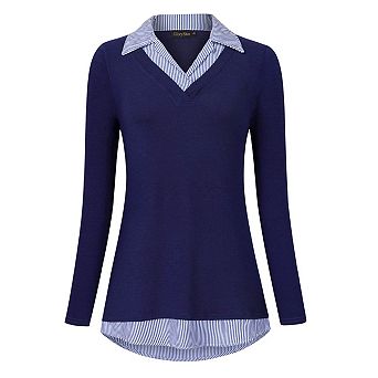 Women's Long Sleeve V-Neck Shirts Contrast Collared Patchwork Work Blouse Plaid Tunics Tops