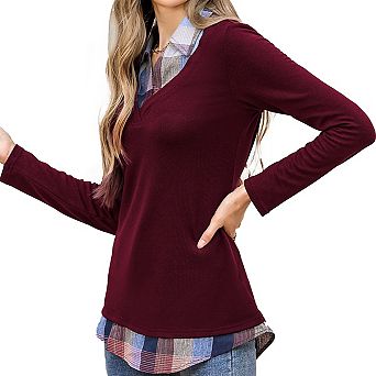 Women's Long Sleeve V-Neck Shirts Contrast Collared Patchwork Work Blouse Plaid Tunics Tops