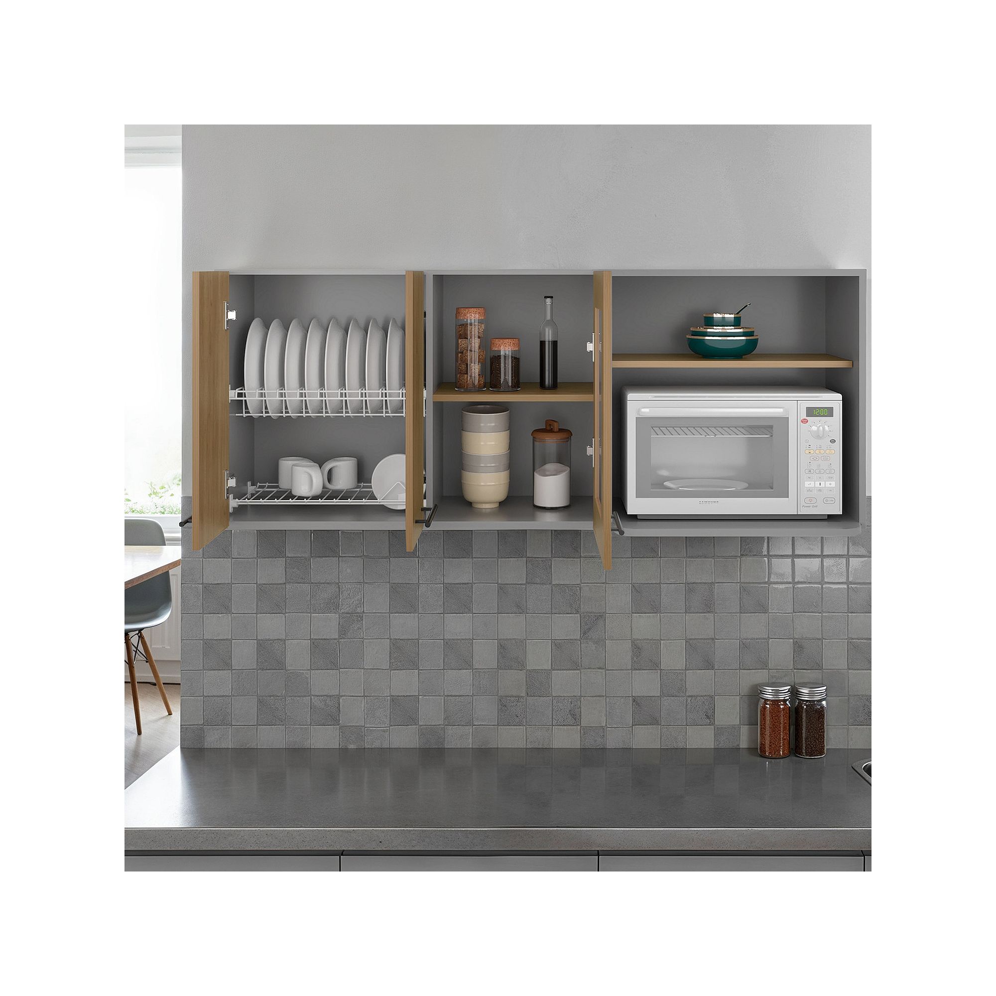 Hasselt wall cabinet shown with doors open and open storage compartment