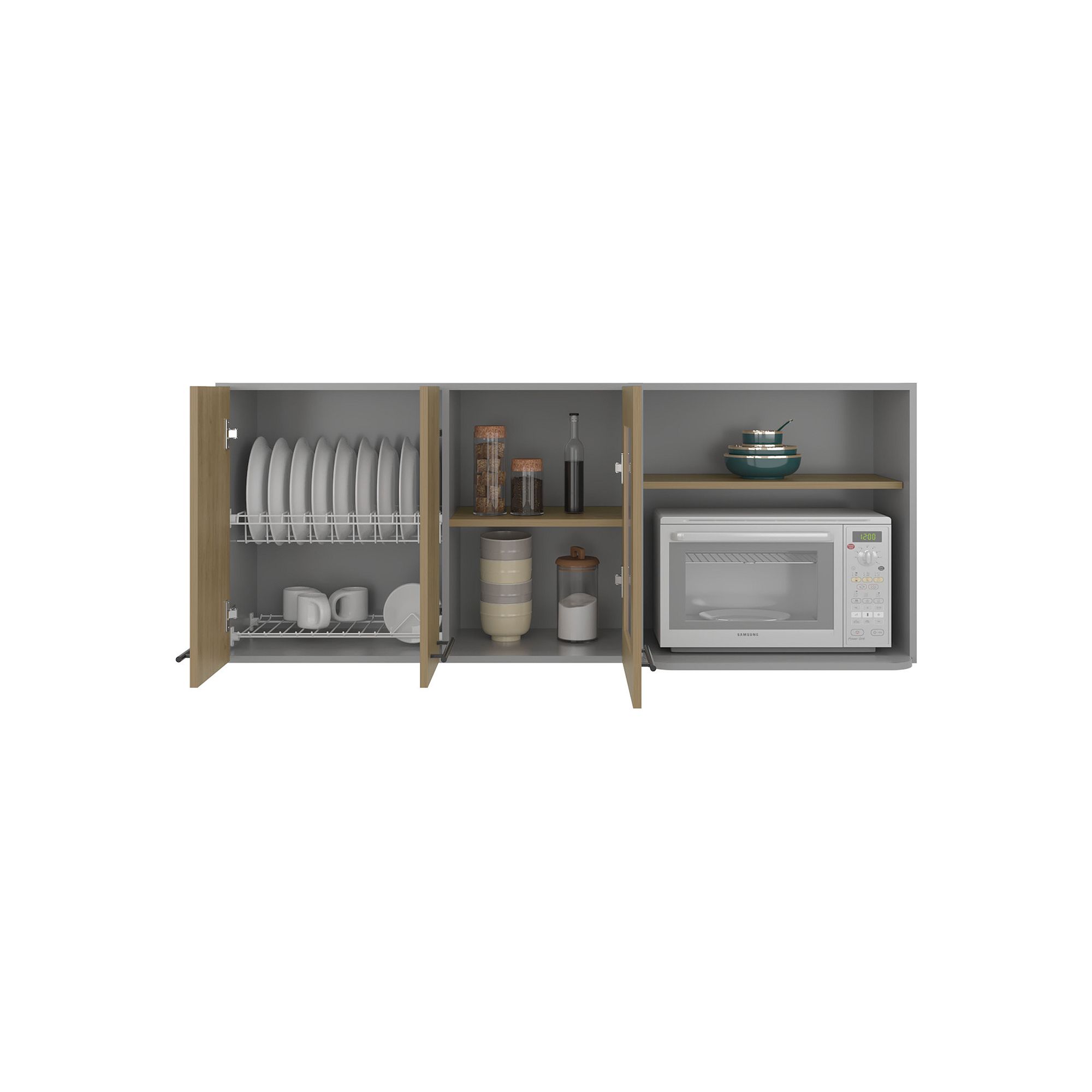 Open double-door wall cabinet with dish rack and microwave-style shelf compartment