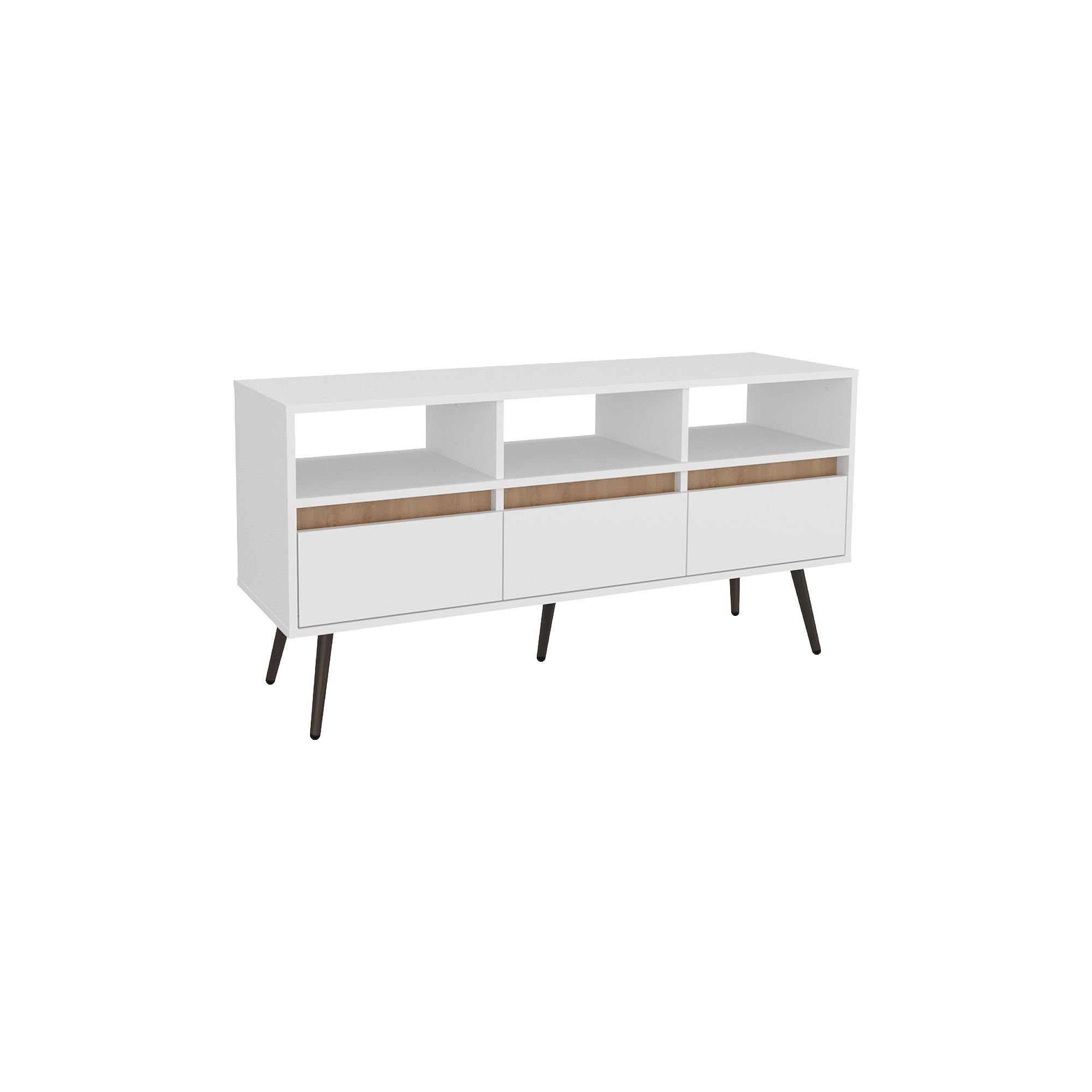 Aranjuez 47 wide TV stand with open shelves and three drawers, white and wood