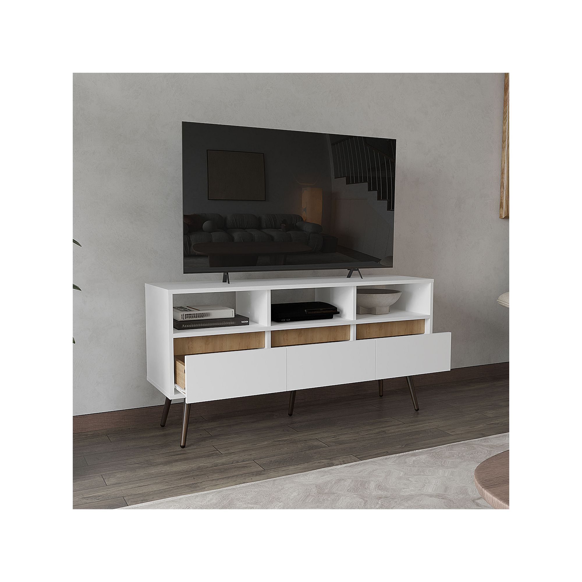 Aranjuez 47 TV stand with three drawers and open shelves in white and wood