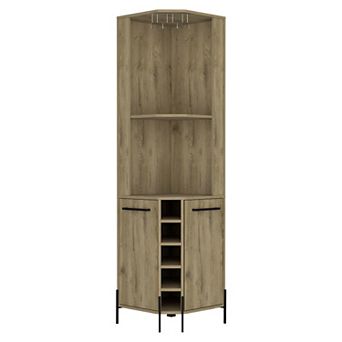 Hans Corner Bar Cabinet, Two Shelves, Five Built-In Wine Rack
