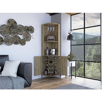 Hans Corner Bar Cabinet, Two Shelves, Five Built-In Wine Rack