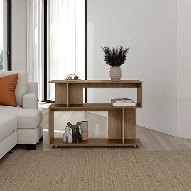 Asymmetrical Sofa SideTable with Open Storage Shelves, A Top Shelf, Modern Accent Style.