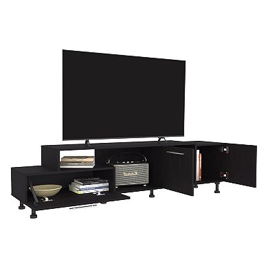 Athol 69" Wide Two-Tier Tv Stand Black With One Pull-Down Door Cabinet, One Double-Door Cabinet.