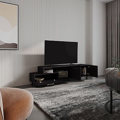 Athol 69" Wide Two-Tier Tv Stand Black With One Pull-Down Door Cabinet, One Double-Door Cabinet.