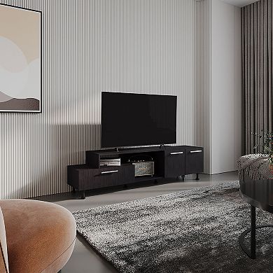 Athol 69" Wide Two-Tier Tv Stand Black With One Pull-Down Door Cabinet, One Double-Door Cabinet.