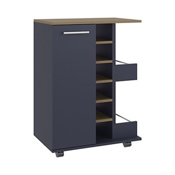 Bar Cart, Two External Shelves, Four Casters, Six Built-In Wine Rack, Single Door Cabinet