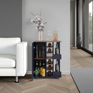 Bar Cart, Two External Shelves, Four Casters, Six Built-In Wine Rack, Single Door Cabinet