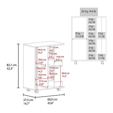 Bar Cart, Two External Shelves, Four Casters, Six Built-In Wine Rack, Single Door Cabinet