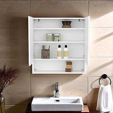 Double-Door Medicine Cabinet With Mirrored Doors And Interior Shelves