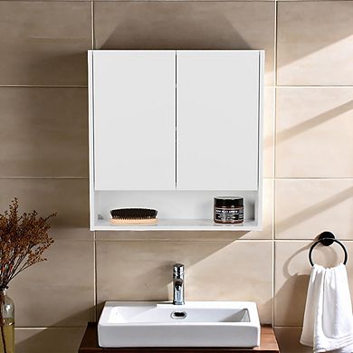 Double-Door Medicine Cabinet With Mirrored Doors And Interior Shelves