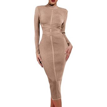 Womens Long Sleeves Cross Strap Ribbed Club Party Midi Bodycon Bandage Dress