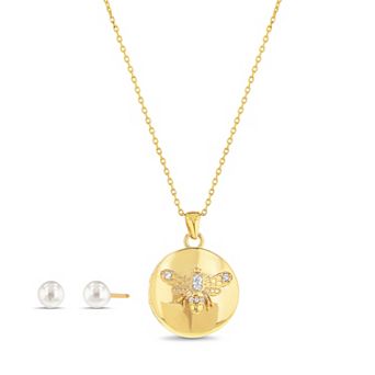 Paige Harper 14k Gold Plated Glass Pearl Stud Earrings & Bee Locket Necklace Set