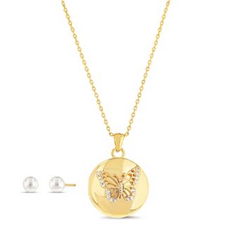 Paige Harper 14k Gold Plated Glass Pearl Stud Earrings & Butterfly Locket Necklace Set