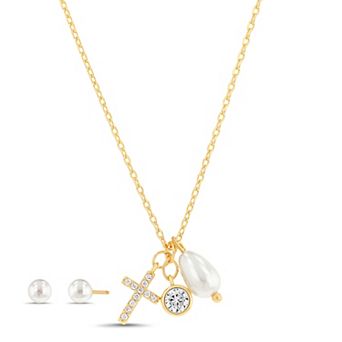 Paige Harper 14k Gold Plated Glass Pearl Stud Earrings & Cross Charm Necklace Set