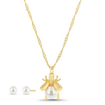 Paige Harper 14k Gold Plated Glass Pearl Stud Earrings & Hanging Bee Necklace Set