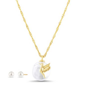 Paige Harper 14k Gold Plated Glass Pearl Stud Earrings & Hummingbird Necklace Set