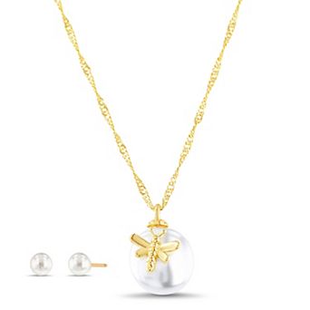 Paige Harper 14k Gold Plated Glass Pearl Stud Earrings & Dragonfly Glass Pearl Necklace Set