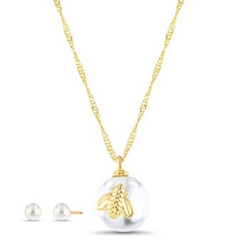 Paige Harper 14k Gold Plated Glass Pearl Stud Earrings & Bee Glass Pearl Necklace Set